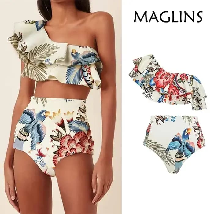 Bikini femme imprimé à volants maillot de bain une épaule Slash boutonnage