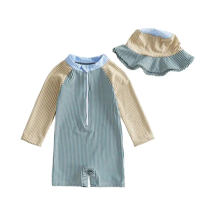 Maillot de bain pour bébé garçon, protection contre les éruptions cutanées, rayures de couleur contrastée, imprimé, manches longues, fermeture éclair, avec bonnet de soleil