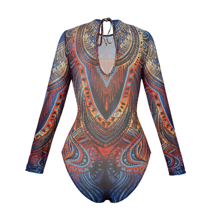 Maillot de bain une pièce vintage bleu à imprimé ethnique avec jupe longue en maille