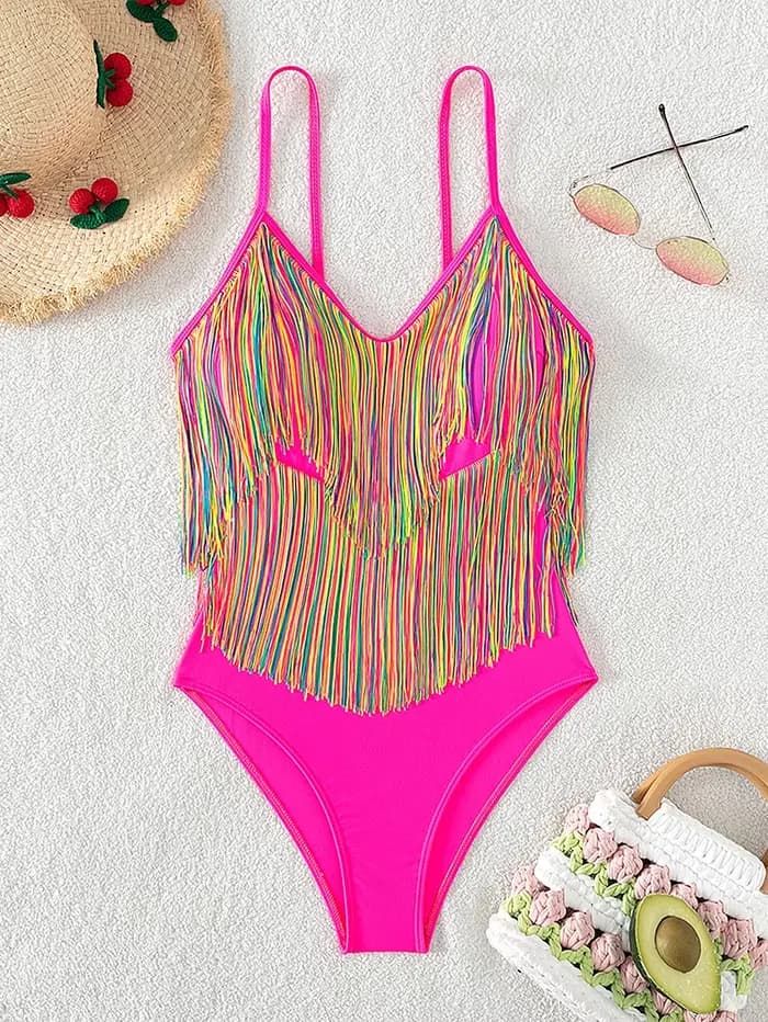 Maillot de bain une pièce sexy et coloré à franges 2026 pour femme, rose vif, push-up, effet ventre plat, dos nu, monokini de plage
