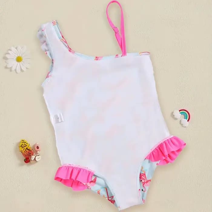 Maillot de bain flamant rose pour filles, asymétrique épaule dénudée, à volants, imprimé bleu clair, pour plage, piscine, vacances, tenue pour tout-petits