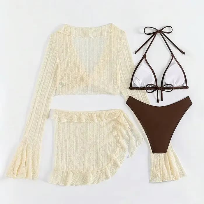 Nouveau Femmes 4 pièces dentelle Bikini ensemble à manches longues couvrir taille haute bas maillot de bain maillots