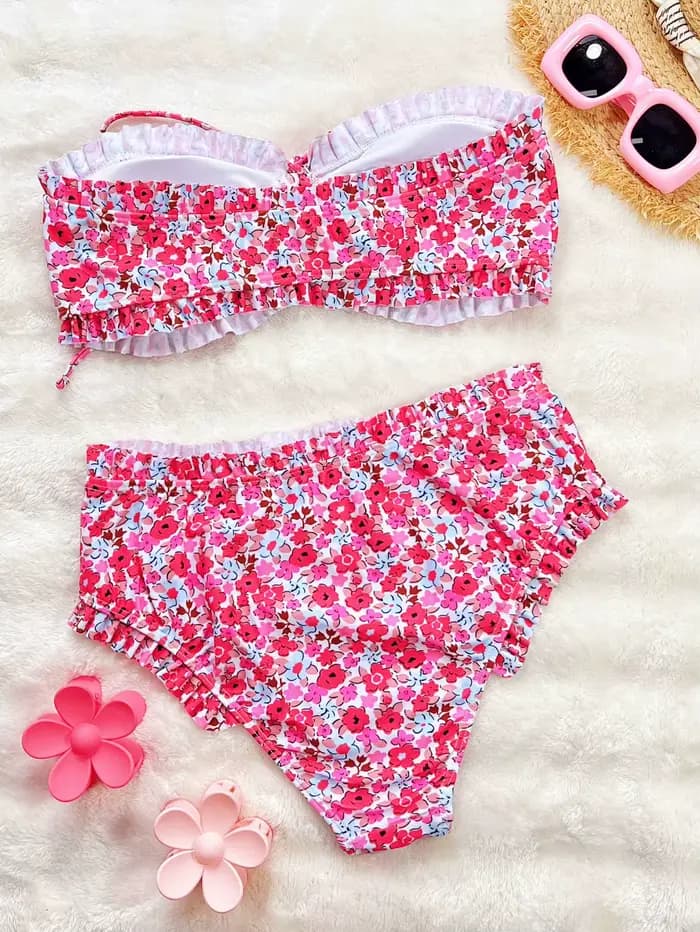 Imprimé fleuri Bandeau deux pièces Bikini ensemble épaules nues femme maillot de bain taille haute plissé pansement femmes maillots de bain maillot de bain