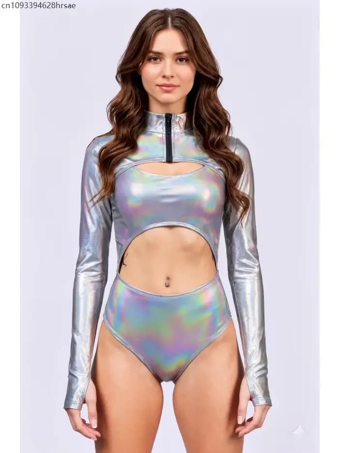 Combinaison irisée découpée à manches longues avec fermeture éclair sur le devant pour femme, maillot de bain une pièce pour la plage, festival de musique, rave party, costumes de cosplay