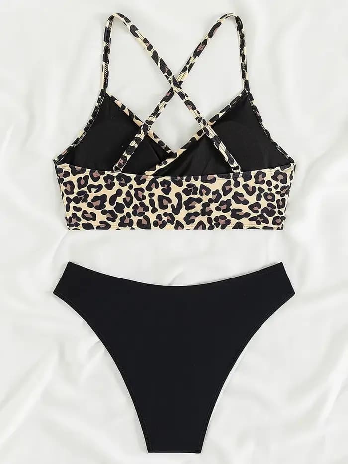 Maillot de bain bikini léopard dos croisé pour femme