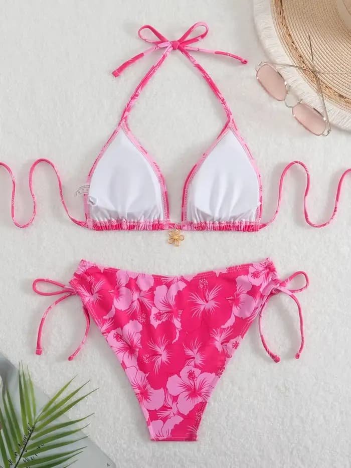 Maillot de bain bikini femme 2026, nouveau modèle rose imprimé, ensemble bikini sexy à lacets, maillot de bain d'été 2 pièces, tenue de plage pour femme