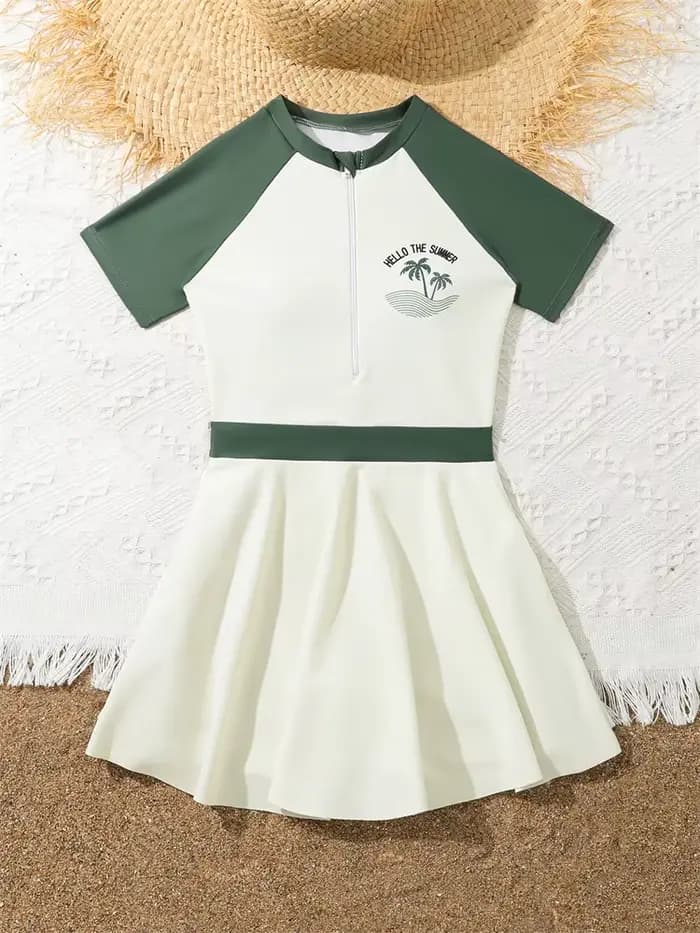 Enfants maillot de bain filles 2026 nouveau solide manches courtes robe longue fermeture éclair maillots