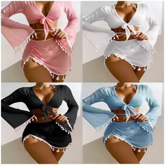 Ensemble de bikini conservateur, Nouveauté de la saison, Vente flash : Maillot de bain quatre pièces pour femme avec jupe courte en dentelle à pompons de couleur unie