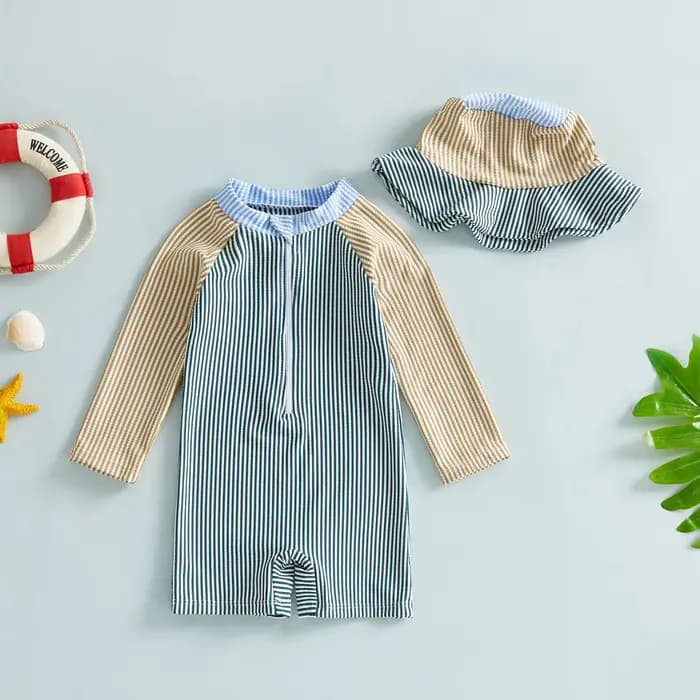 Maillot de bain pour bébé garçon, protection contre les éruptions cutanées, rayures de couleur contrastée, imprimé, manches longues, fermeture éclair, avec bonnet de soleil