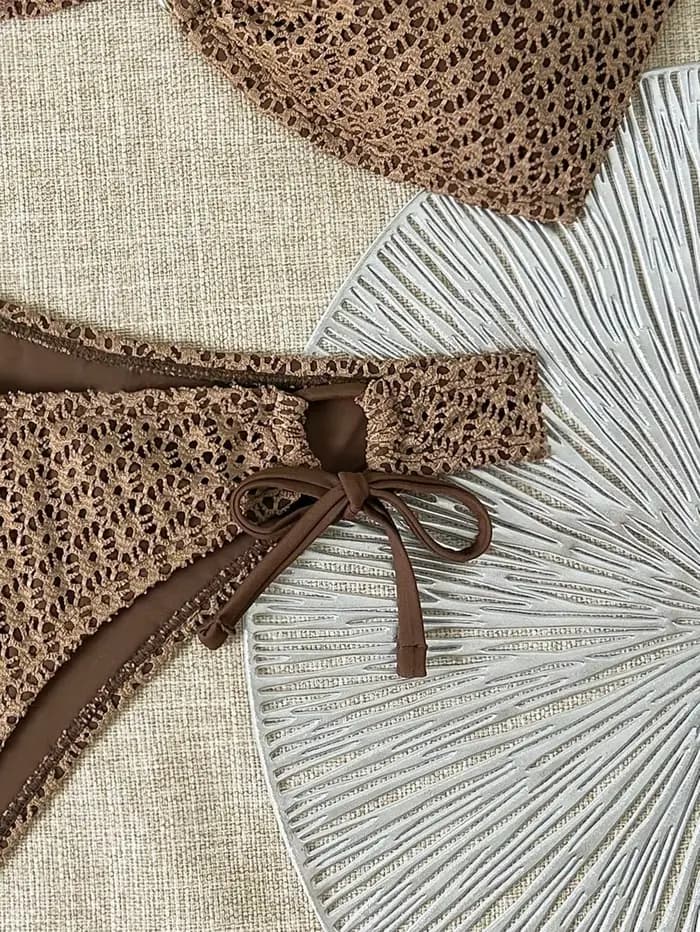 Ensemble bikini bandeau sexy pour femme, marron, avec chaîne métallique, soutien-gorge push-up et string à cordon, maillot de bain micro été 2026