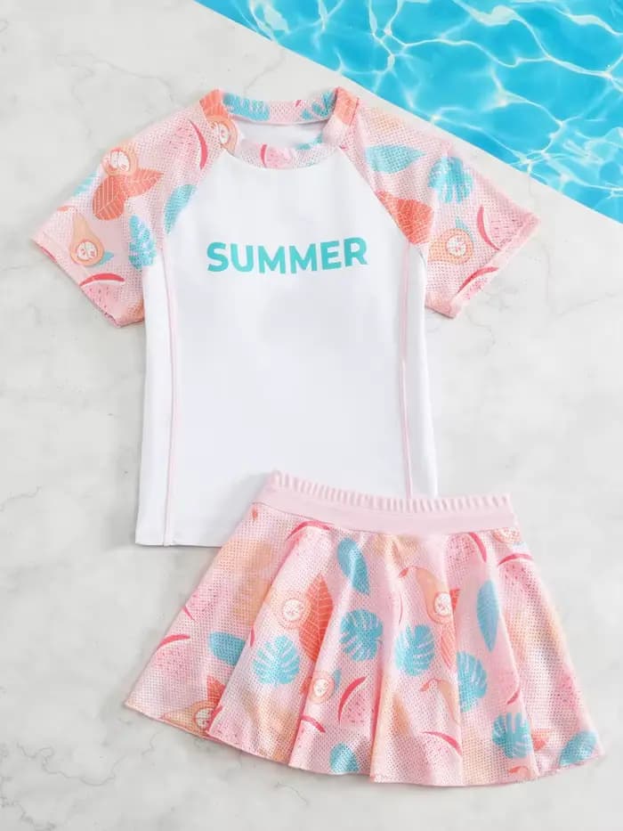 Filles enfants maillot de bain 2026 nouveau solide imprimé maille jupe courte maillots de bain pour enfants été deux pièces à manches courtes vêtements de plage maillot de bain