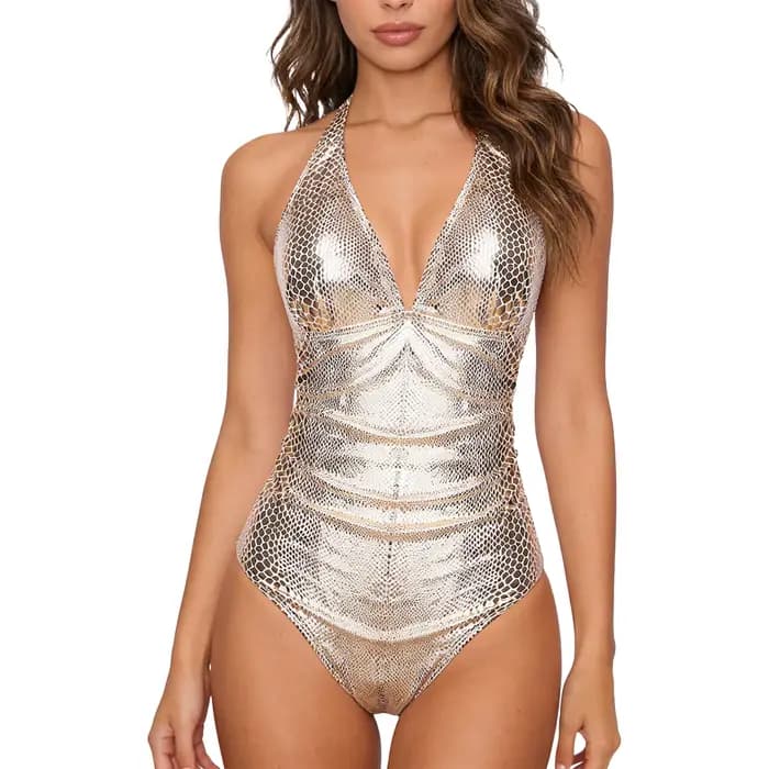 Maillot de bain une pièce brillant effet métallisé pour femme, motif peau de serpent, avec laçage et col halter