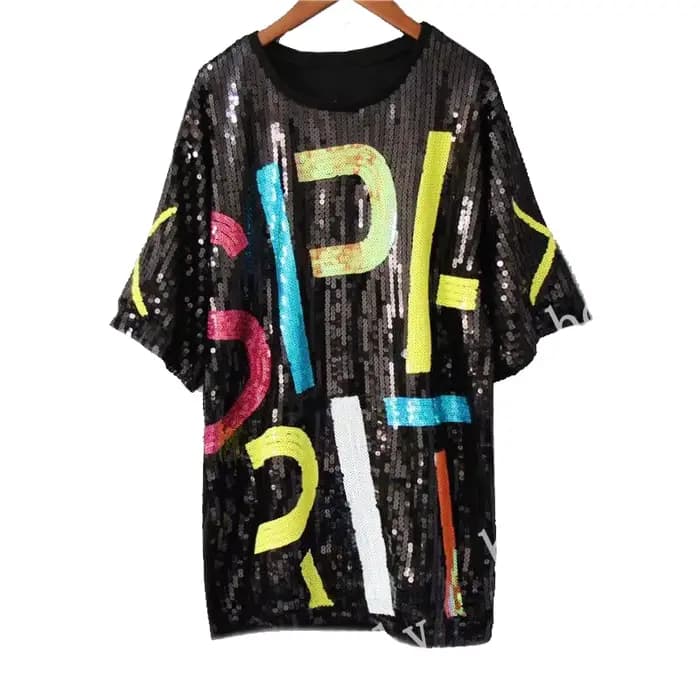 Nouvelle Arrivée T-shirt Long Coréen d'Été à Manches Courtes pour Femme, Coupe Ample, Dos Nu, Paillettes, Style Étudiant, Tendance, Polyvalent, Hauts Mi-manches pour Femme