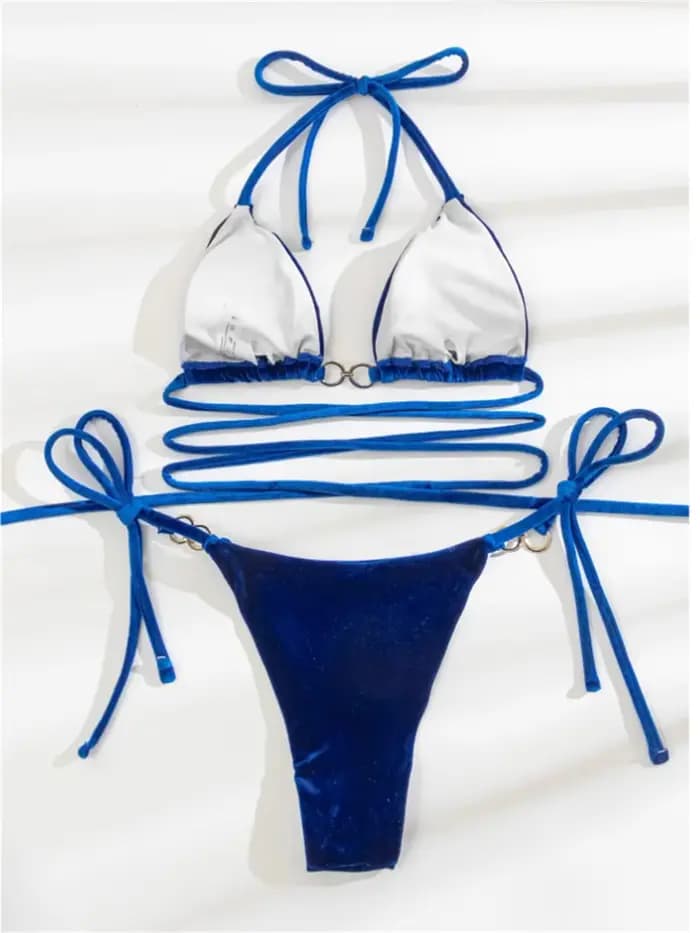 Bikini sexy en velours 2026 pour femme, maillot de bain brésilien croisé bleu-vert, push-up, à nouer sur les côtés, coupe triangle