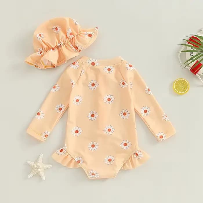 Maillot de bain à manches longues pour bébé fille, avec chapeau, imprimé floral, fermeture éclair, bikini, pour enfants