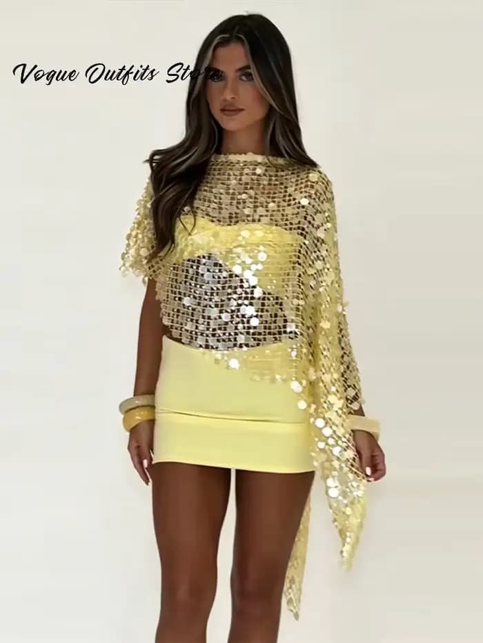 Ensemble 3 pièces Y2K à sequins : Cache-maillot