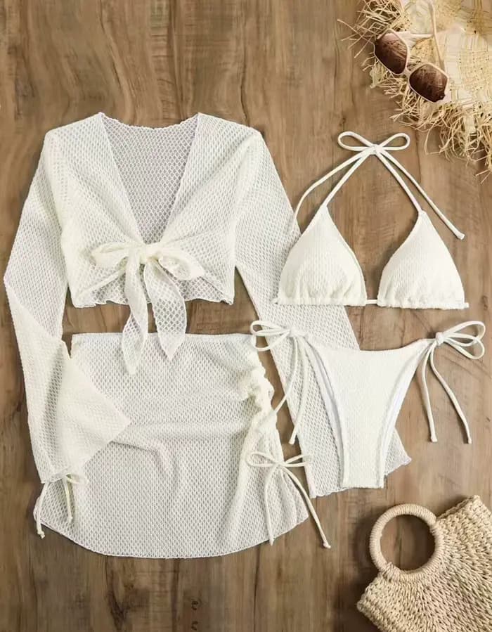 Maillot de bain sexy blanc et rouge pour femme 2026, ensemble 4 pièces avec jupe à cordon de serrage à manches longues, idéal pour la plage et les vacances
