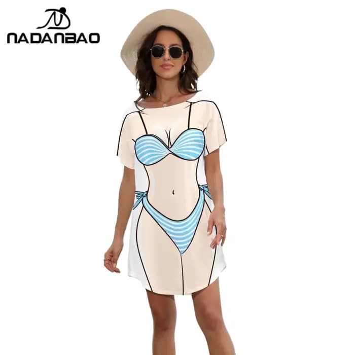 Nadanbao femmes sirène Bikini corps Pattrn T-shirt robe été Bikini couvrir robe à manches courtes Baggy chemises maillot de bain tendance
