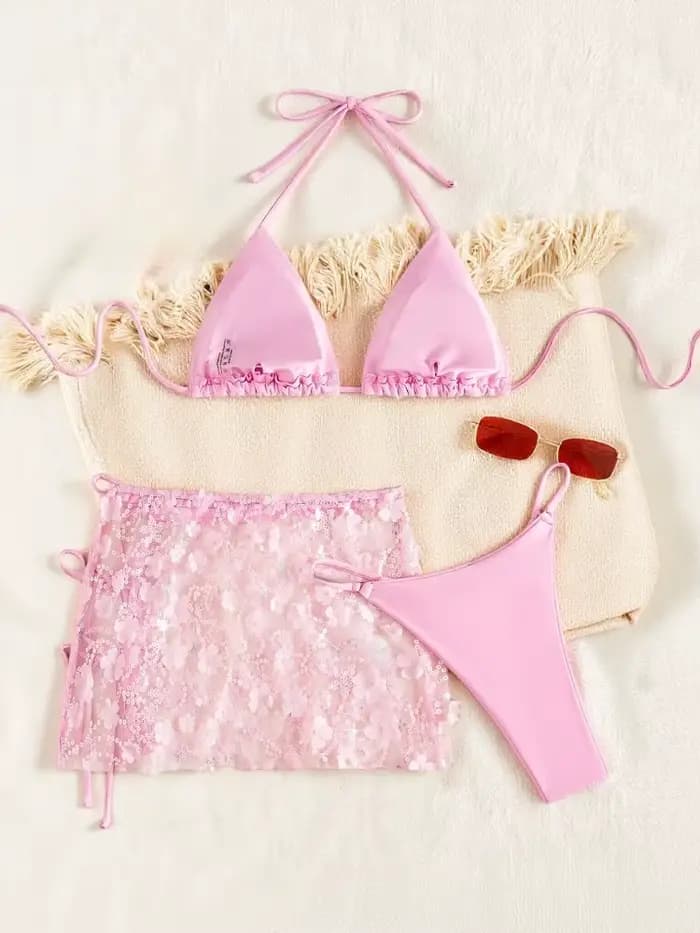 Ensemble bikini 3 pièces en maille rose à paillettes brillantes pour femme