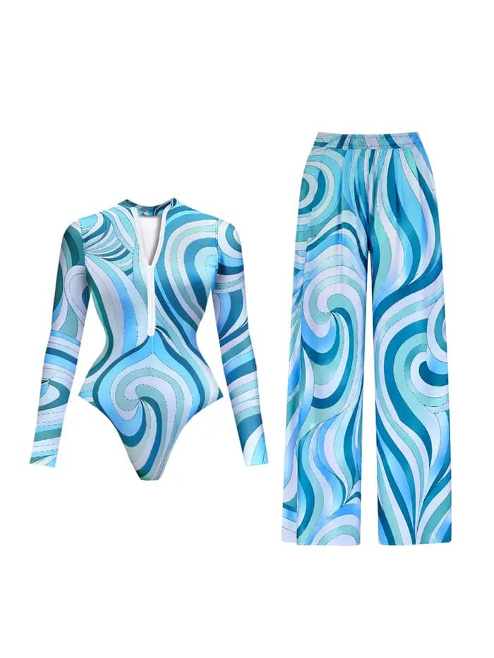 Maillot de bain imprimé à manches longues pour femmes, maillot de bain une pièce avec pantalon, costume de bain sexy pour femmes, vêtements de plage à la mode, tenues de piscine