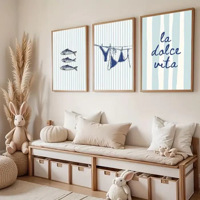3 pièces/ensemble "La Dolce Vita" Sardines Bikini bleu rayure toile impression affiche moderne décor côtier été mur Art