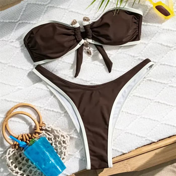 Blanc Bandeau Bikinis ensembles femme Sexy maillot de bain contraste couleur métal boucle maillots de bain coupe haute maillot de bain brésilien Bikini Mujer