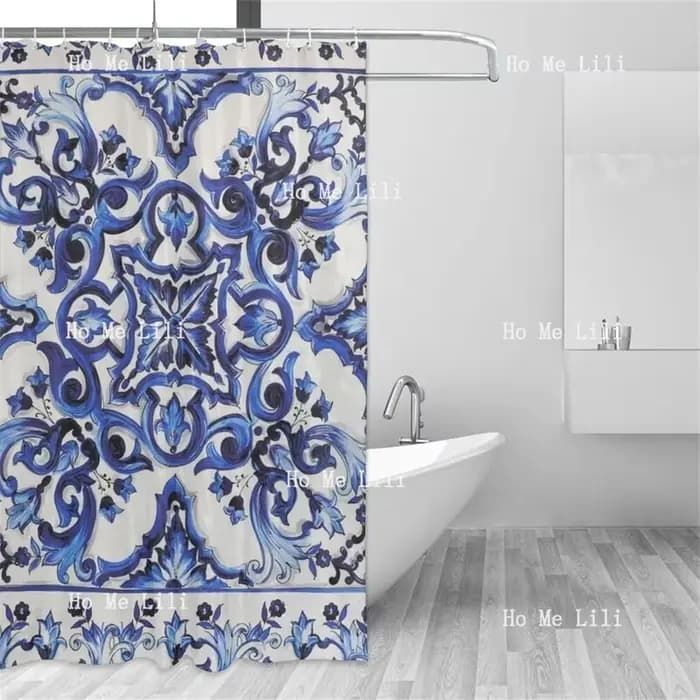 Rideau de douche en tissu à motif bleu marine et blanc, carreaux méditerranéens, décor de salle de bain