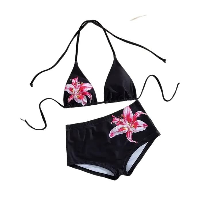 Ensemble de bikini triangle dos nu noir imprimé lys pour femme