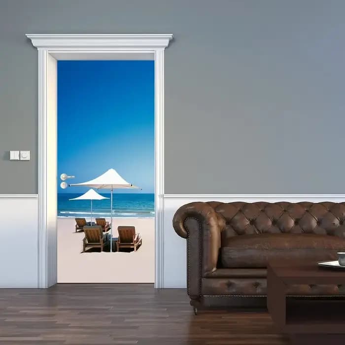Autocollant Mural de porte 3D vue sur la mer plage, papier peint auto-adhésif en PVC bleu ciel, paysage d'été, couverture complète de porte pour réfrigérateur