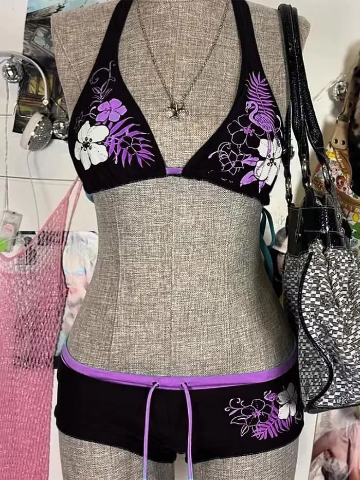 Vintage fleur imprimé Cutie ensemble Bikini 2000s maillot de bain Sexy femmes
