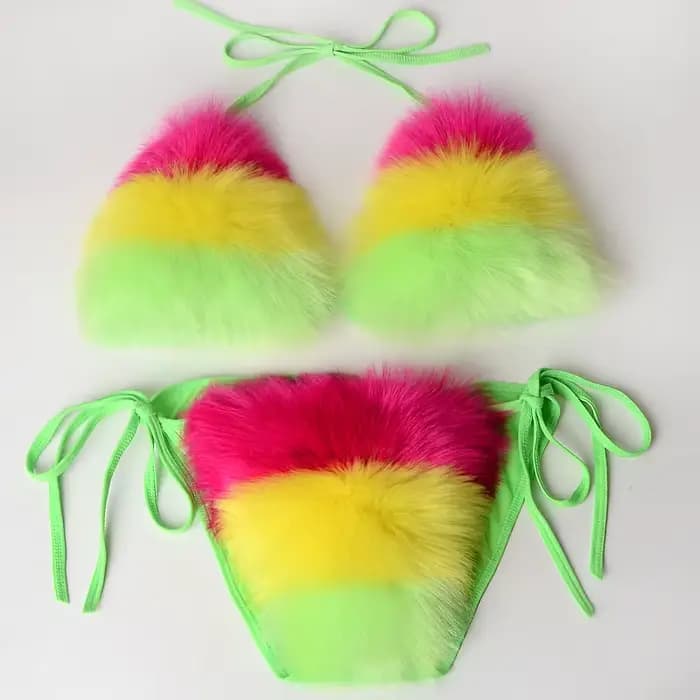 Arc-en-ciel rayé femmes en peluche fourrure Bikinis ensemble maillot de bain sport fausse fourrure de renard deux pièces maillot de bain pour femme soutien-gorge sous-vêtements ensembles maillots de b