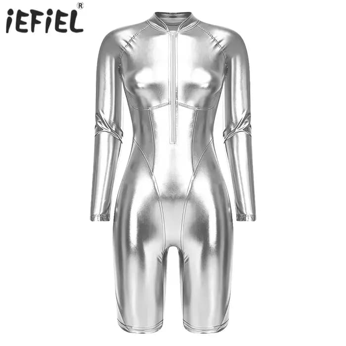 Combinaison moulante irisée à manches longues pour femme, effet métallisé brillant, short, maillot de bain une pièce, tenue de soirée disco