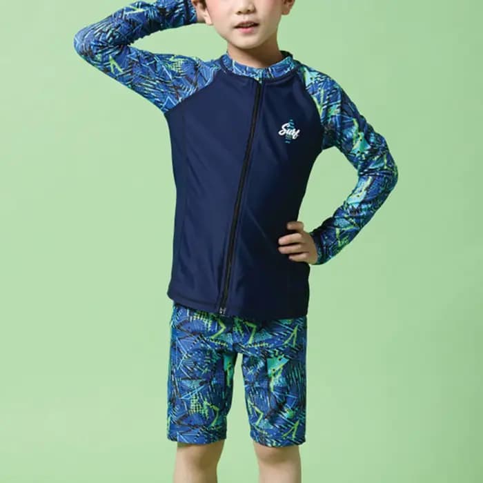 Maillot de bain à manches longues pour enfants, protection solaire pour garçons, haut à fermeture éclair avec short, chapeau anti-éruption, combinaison de plage, piscine, bain trempé