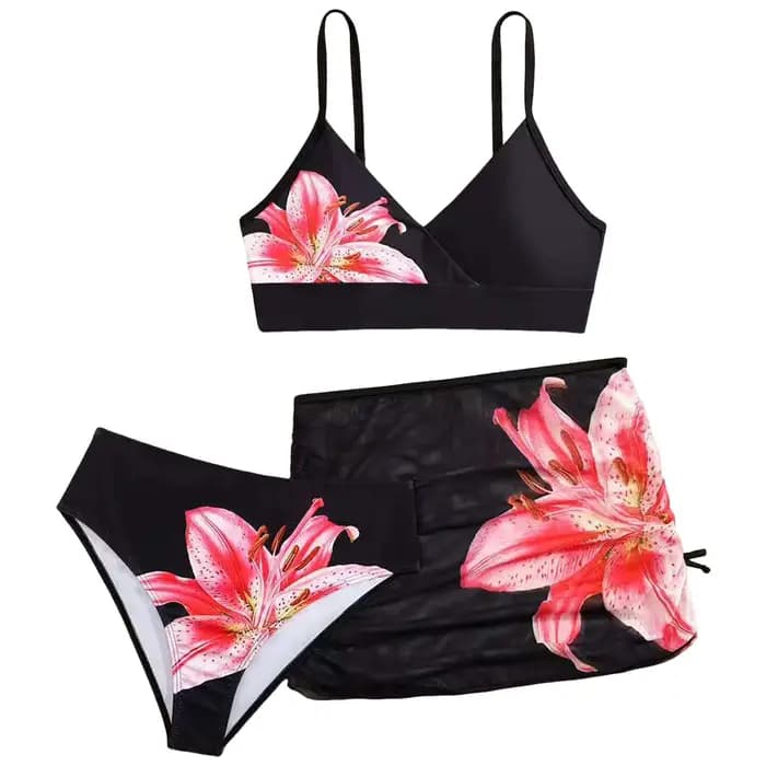 Maillots de bain pour adolescentes, ensembles de bikinis à taille haute à imprimé floral noir d'été avec des cache-maillots de plage, maillots de bain pour filles