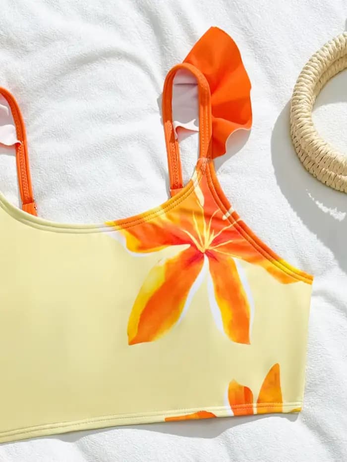 Maillot de bain bikini pour filles, nouvelle collection 2026, motif fleurs orange, volants, bretelles, maillot de bain trois pièces en maille pour enfants, tenue de plage estivale