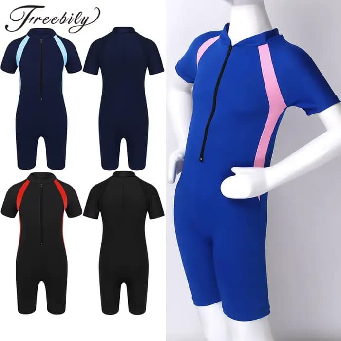 Combinaisons maillot de bain filles manches courtes enfants une pièce maillot de bain fermeture éclair Shorty combinaison enfants éruptions cutanées plage maillots de bain