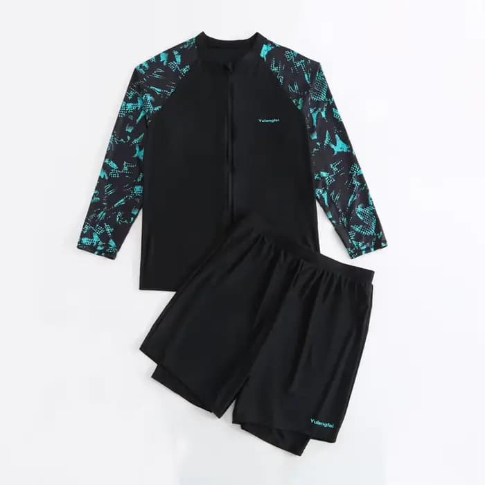 Maillot de bain 2 pièces pour hommes, grande taille, manches longues, avec faux deux shorts, bon élastique, vêtements de plage, d'été