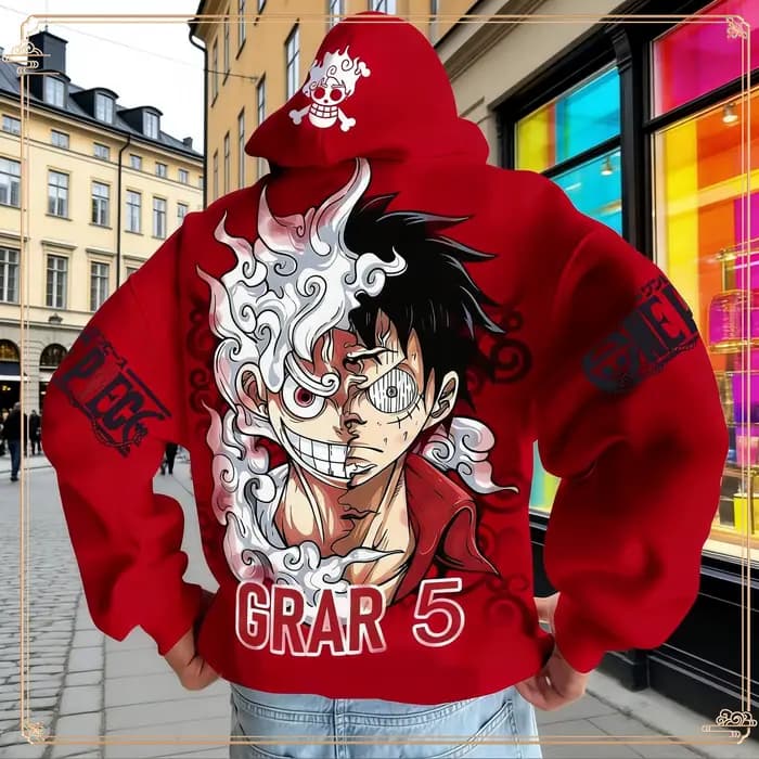 One Piece Luffy Gear 5 Ensemble pantalon à capuche Survêtement en coton rouge avec imprimé de personnages sur sweat à capuche Pantalon avant Côté Coupe ample Deux pièces