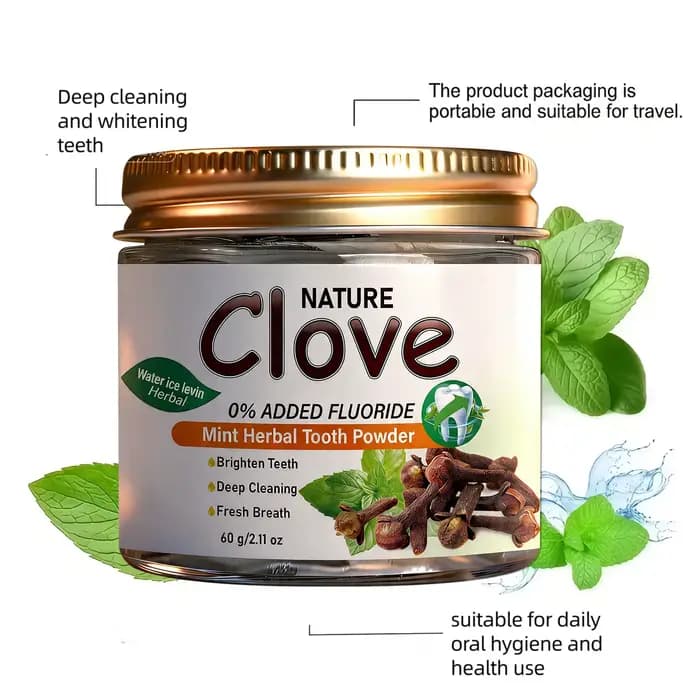 Poudre dentifrice sans fluor au clou de girofle et à la menthe - Formule naturelle à base de plantes pour un nettoyage en profondeur et une haleine fraîche