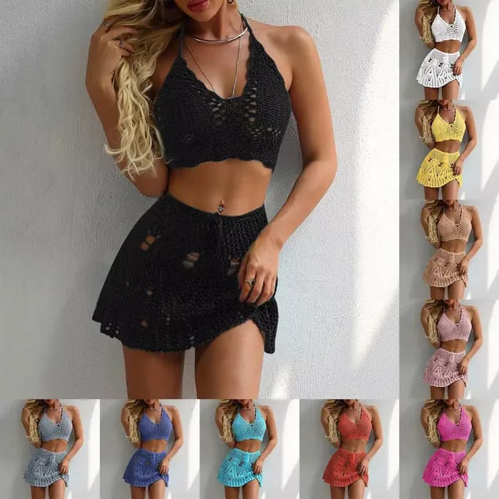 Boho Sexy Bikinis ensembles femmes au crochet évidé deux pièces été Bikini vêtements de plage licou cou