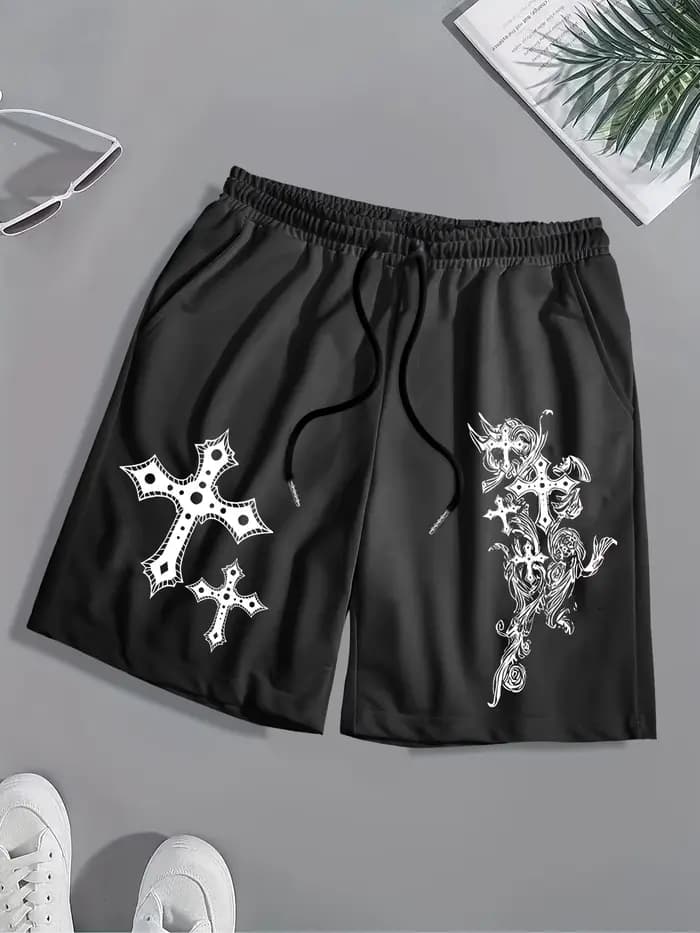Shorts décontractés respirants pour hommes avec imprimé croisé, dotés d'une ceinture élastique avec cordon de serrage