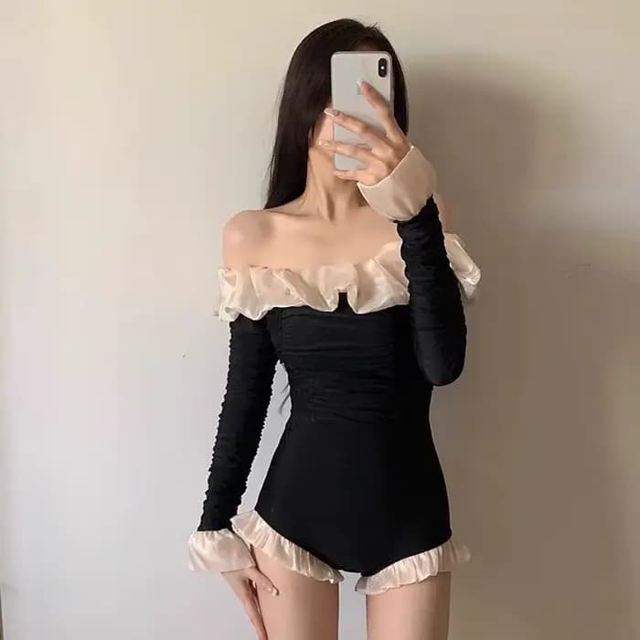 Nouveau maillot de bain Sexy une épaule ventre couvrant dos exposant minceur mode à volants à manches longues une pièce femmes