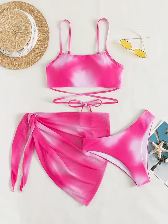 Ensemble de maillot de bain bikini à lacets ombré 3 pièces et jupe de plage