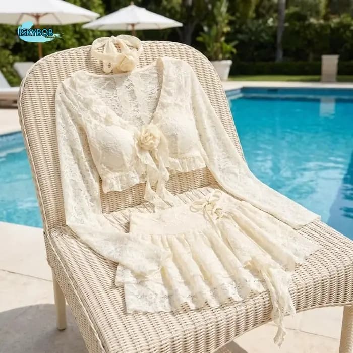 Maillot de bain à manches longues en dentelle à volants