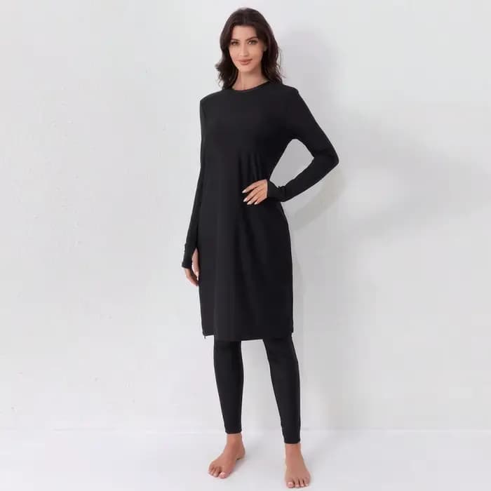 Maillot de bain décontracté pour femmes musulmanes, ensemble deux pièces, maillot de bain à col rond, style conservateur, boucle de doigt, robe noire, pantalon taille haute