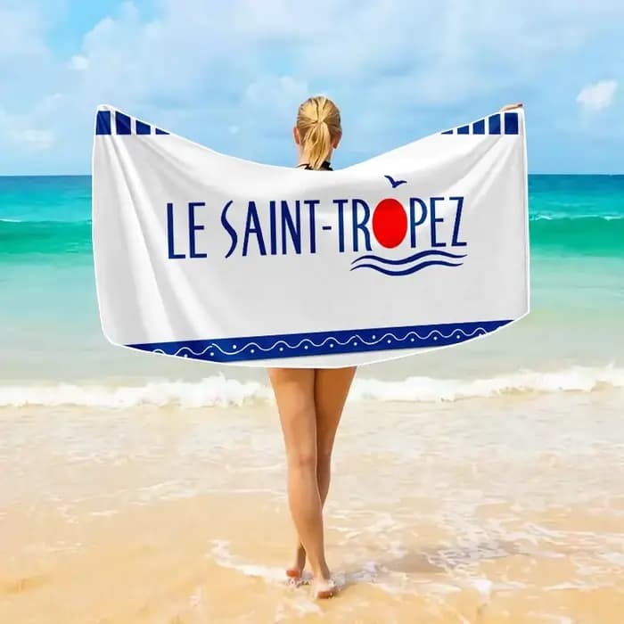 LE SAINT-TROPEZ Serviette de plage à imprimé lettres, blanche et bleue, simple, en microfibre, grande, absorbante, pour piscine