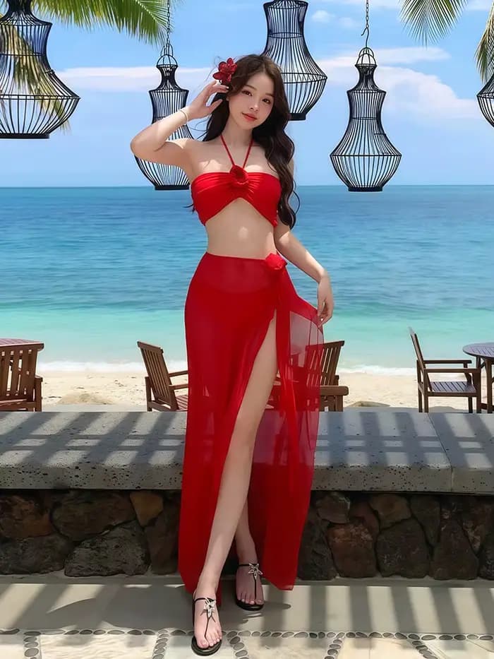 2025 coréen maillot de bain femmes Sexy Bikini rouge fendu jupe longue