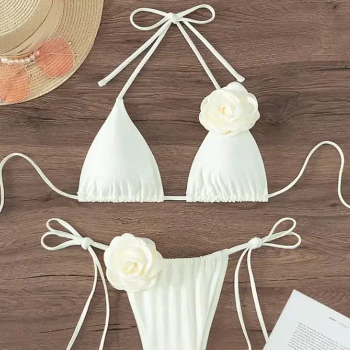 Maillot de bain deux pièces sexy à fleurs 3D pour femmes, bikini à bretelles licou, ensemble de baigneurs, maillots de bain trempés, S-L