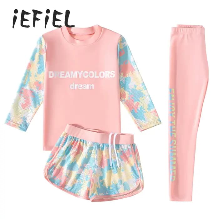 Maillot de bain 3 pièces UV pour filles, protection solaire, manches longues, protection contre les éruptions cutanées, séchage rapide, petit haut + short + pantalon, tenues
