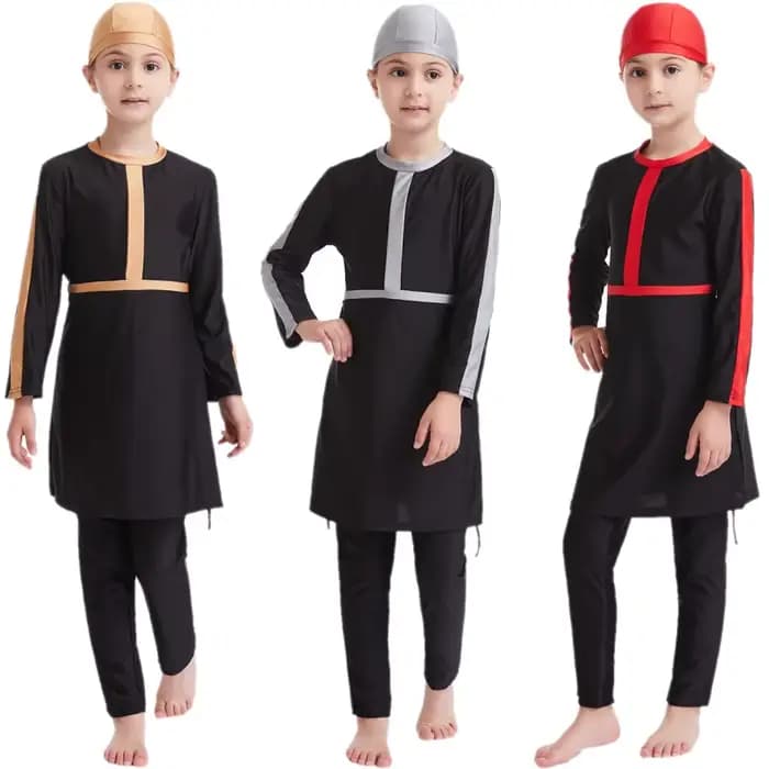 Maillot de Bain Islamique Modeste pour Bol aniques, Burkini, Ensemble 3 Pièces pour Enfants Musulmans, Manches sulf, Couverture Complète, Bonnet de Natation